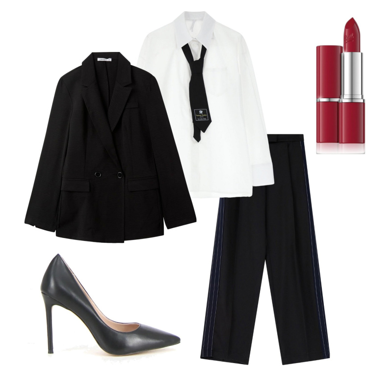 Outfit donna - Riunione di lavoro. Stile Minimal per Ufficio. Abbinamento con rossetti, blazer, camicie, pantaloni, décolleté.