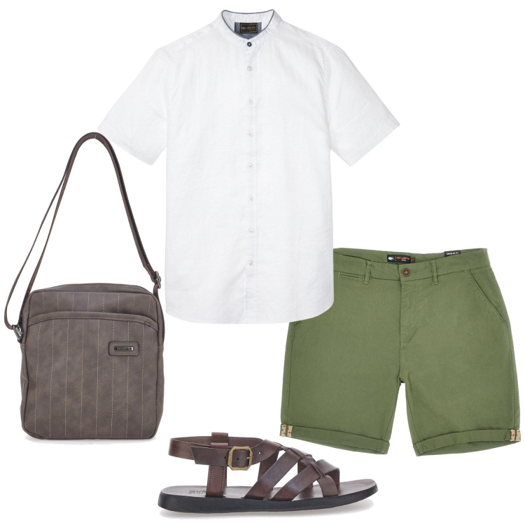 Outfit uomo - Cena all\' aperto. Stile Casual per Serata speciale. Abbinamento con camicie a manica corta, portafogli, sandali, pantaloni cargo.