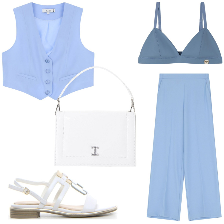 Outfit donna - Sinfonia in azzurro. Stile Trendy per Tutti i giorni. Abbinamento con gilet, pantaloni, borse a tracolla, reggiseni, sandali.