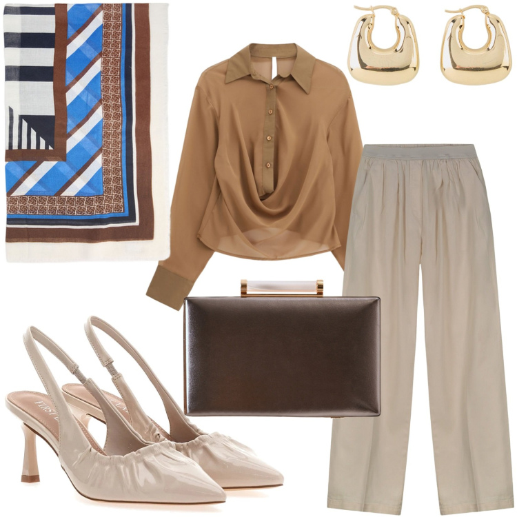 Outfit donna - Il foulard protagonista. Stile Casual chic per Ufficio. Abbinamento con orecchini, clutch, camicie, foulard, décolleté, pantaloni.