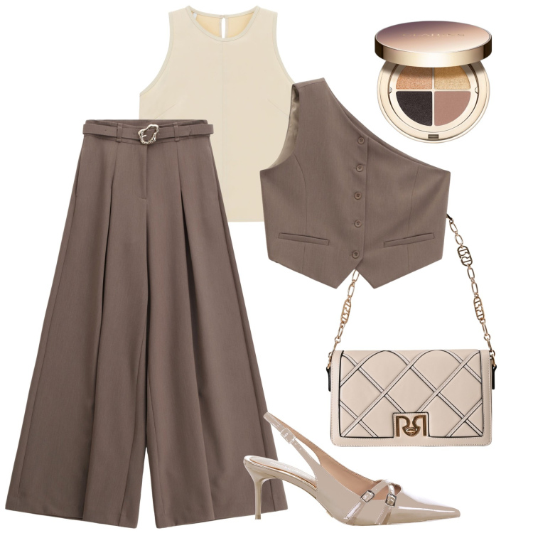 Outfit donna - Eleganza originale. Stile Glamour per Tutti i giorni. Abbinamento con ombretti, décolleté, borse a tracolla, gilet, pantaloni, top.