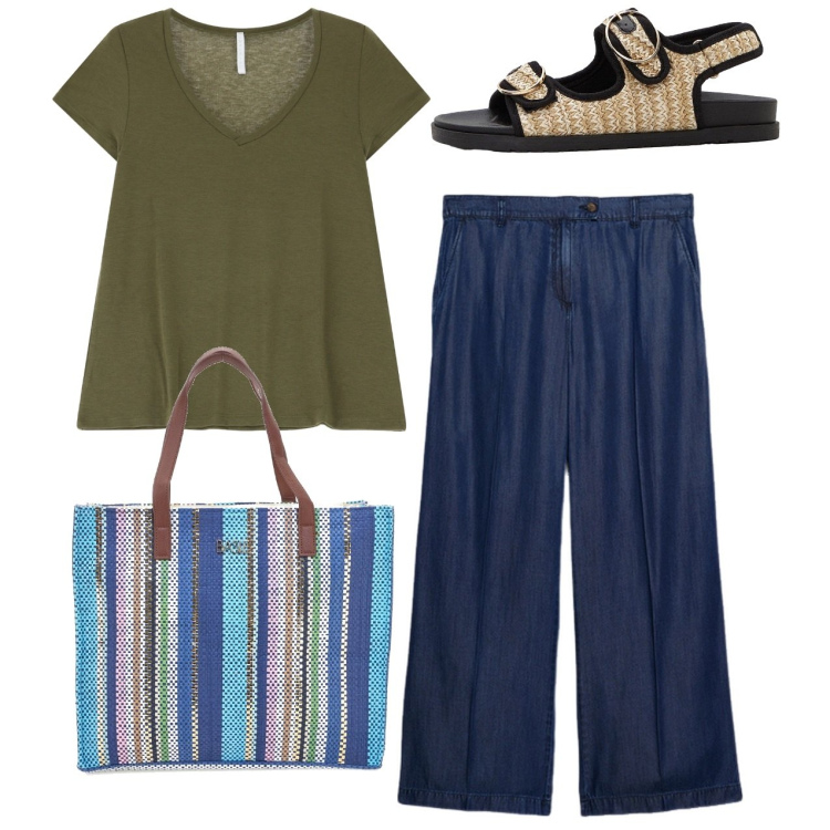 Outfit donna - Casual city. Stile Casual per Tutti i giorni. Abbinamento con sandali, t-shirt, jeans, shopping bag.