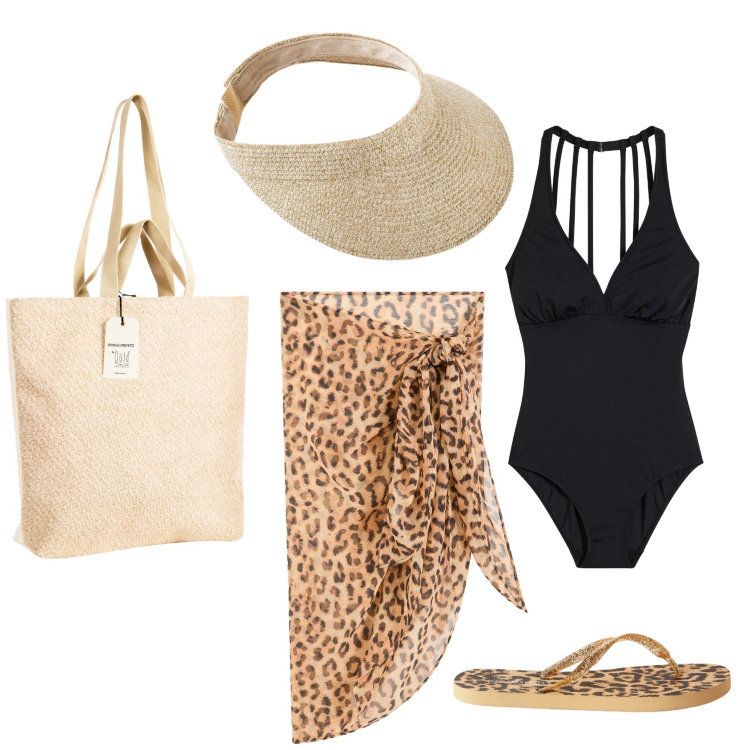 Outfit donna - Animalier in spiaggia. Stile Etnico per Mare. Abbinamento con borse tote, infradito, cappelli con visiera, vestiti da spiaggia, costumi interi.