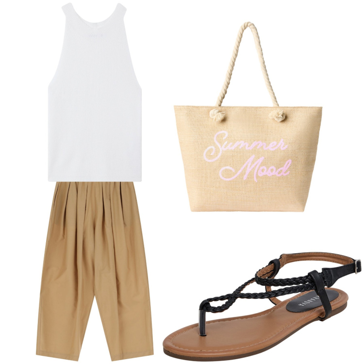 Outfit donna - Aperitivo. Stile Trendy per Tutti i giorni. Abbinamento con ciabatte, top, borse tote, pantaloni.