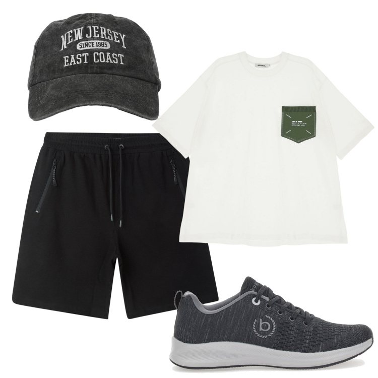 Outfit uomo - Un giro con gli amici. Stile Casual per Tutti i giorni. Abbinamento con bermuda, cappelli con visiera, t-shirt, sneakers.