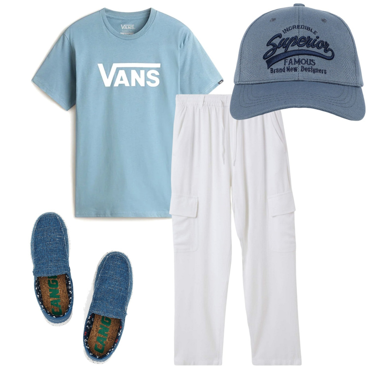 Outfit uomo - Un giro con gli amici 2. Stile Casual per Tutti i giorni. Abbinamento con cappelli con visiera, pantaloni cargo, t-shirt, sneakers.