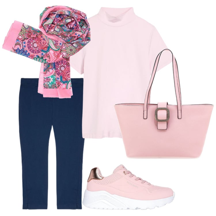 Outfit donna - Un bel foulard. Stile Casual per Tutti i giorni. Abbinamento con t-shirt, sneakers, pantaloni chino, foulard, borse a spalla.