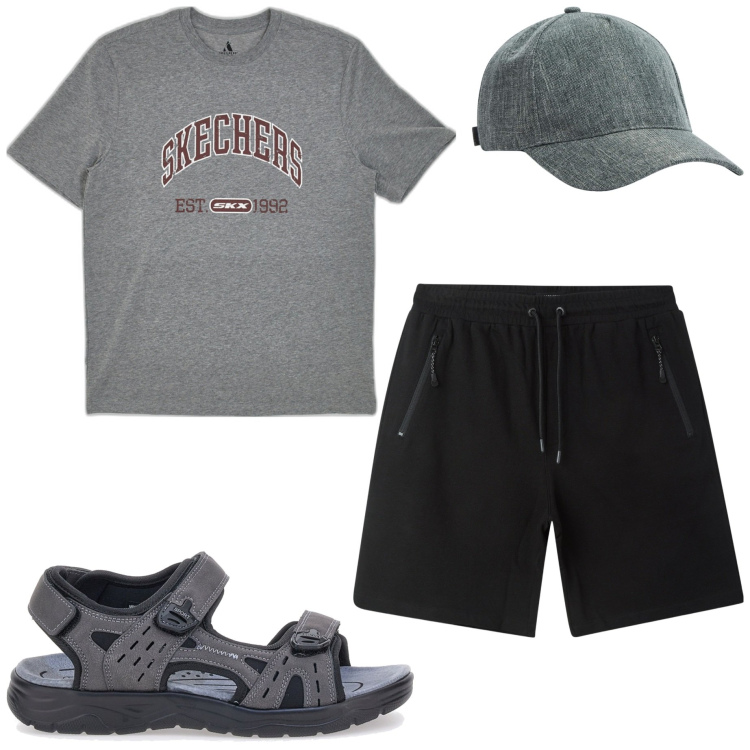 Outfit uomo - Look vacanziero. Stile Casual per Mare. Abbinamento con cappelli, bermuda, sandali, t-shirt.