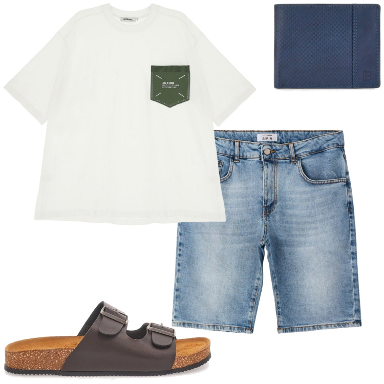 Outfit uomo - Agosto. Stile Casual per Tutti i giorni. Abbinamento con bermuda, t-shirt, portafogli, sandali.