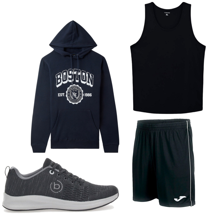 Outfit uomo - Mi tengo in forma. Stile Casual per Sport. Abbinamento con canottiere, felpe con cappuccio, pantaloni corti, sneakers.