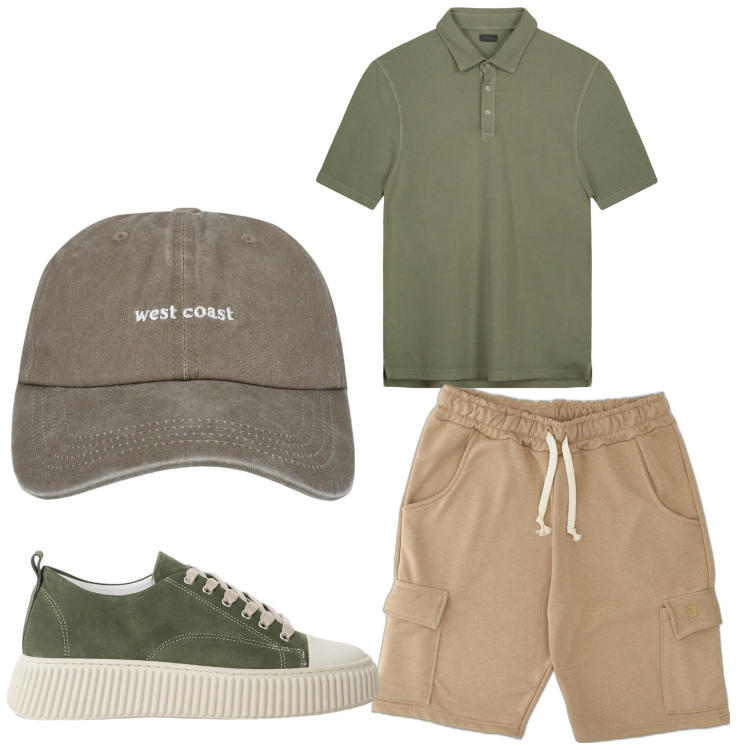 Outfit uomo - Verde e sabbia. Stile Casual per Tutti i giorni. Abbinamento con cappelli, sneakers, pantaloni corti, polo.