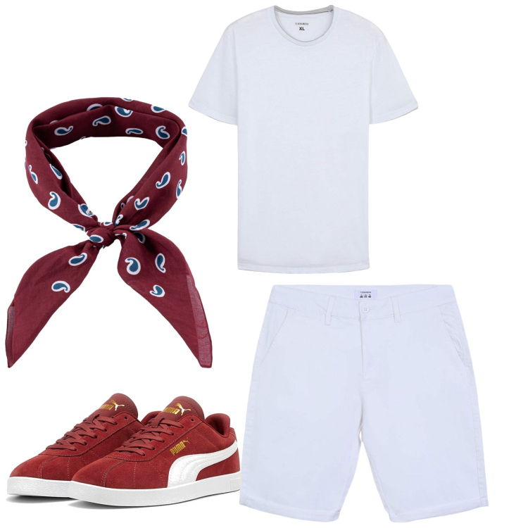 Outfit uomo - Semplice con stile. Stile Casual per Tutti i giorni. Abbinamento con t-shirt, bermuda, sneakers, sciarpe e foulard.