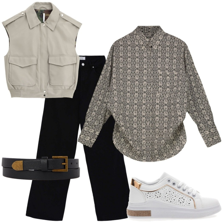 Outfit donna - Total look #2229762. Stile Casual per Tutti i giorni. Abbinamento con pantaloni, gilet, sneakers, cinture, camicie.