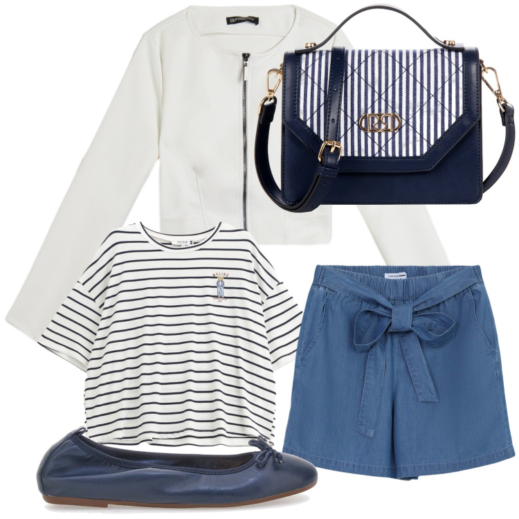 Outfit donna - Il bon ton fatto shorts. Stile Sporty chic per Tutti i giorni. Abbinamento con shorts, borse a mano, t-shirt, giacche, ballerine.