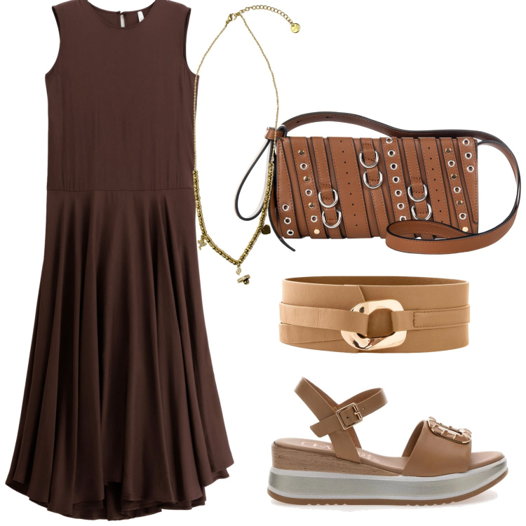 Outfit donna - Un abito leggero 2. Stile Casual per Tutti i giorni. Abbinamento con cinture, borse a spalla, vestiti lunghi, ciondoli, sandali.