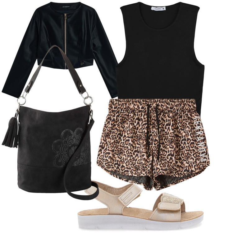 Outfit donna - Passeggiata. Stile Casual chic per Tutti i giorni. Abbinamento con borse a mano, top, shorts, blazer, sandali.