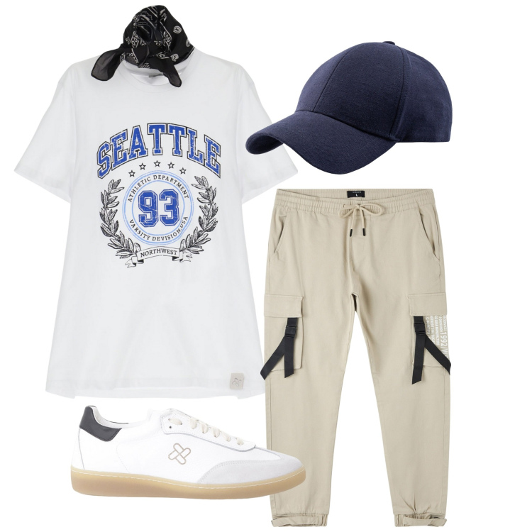 Outfit uomo - Per il giorno. Stile Casual per Tutti i giorni. Abbinamento con pantaloni cargo, sneakers, t-shirt, cappelli con visiera.