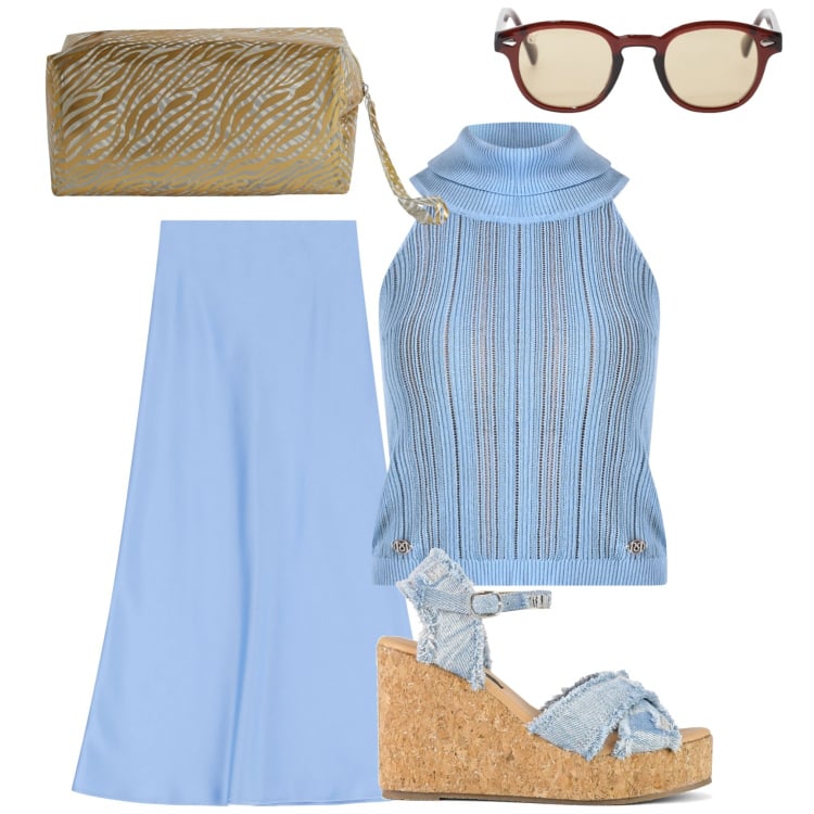 Outfit donna - Il potere del turchese 2. Stile Casual chic per Tutti i giorni. Abbinamento con pochette, top, gonne lunghe, occhiali da sole, zeppe.