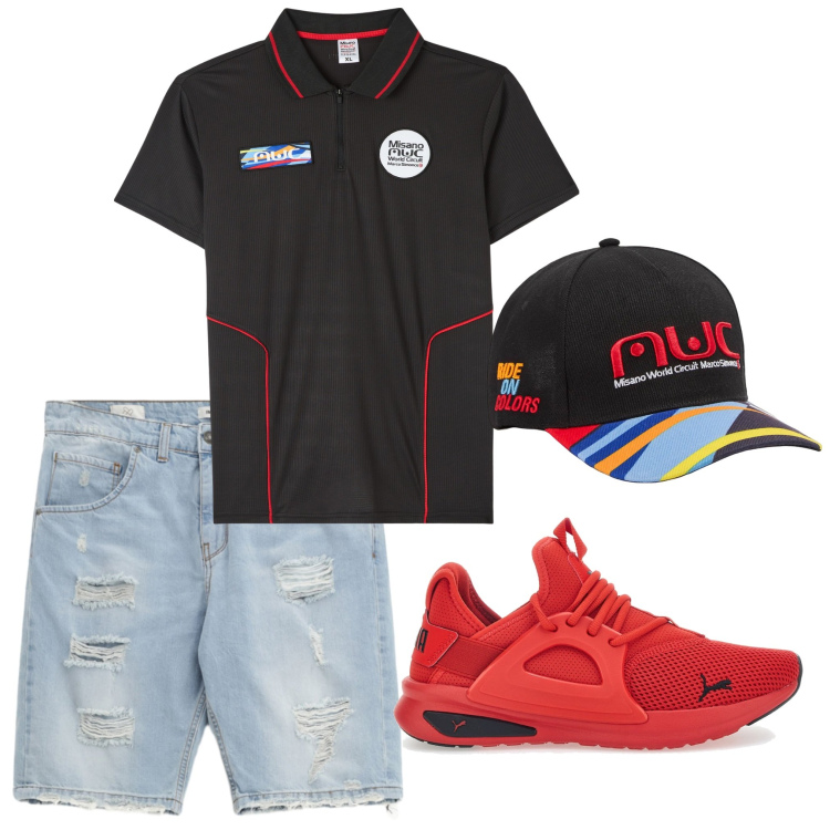 Outfit uomo - Un tocco di rosso. Stile Trendy per Tutti i giorni. Abbinamento con cappelli, polo, bermuda, sneakers.