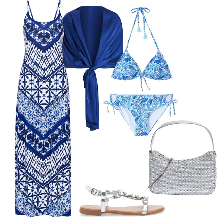 Outfit donna - Bagno di mezzanotte. Stile Casual per Mare. Abbinamento con vestiti lunghi, bikini, borse a tracolla, bikini, stole, sandali gioiello.