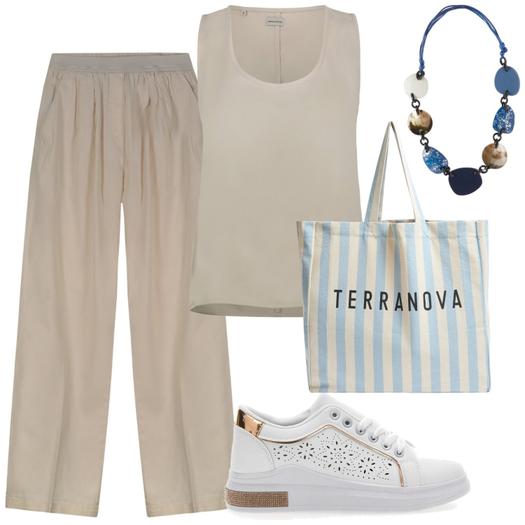 Outfit donna - A fare shopping. Stile Casual per Tutti i giorni. Abbinamento con borse tote, sneakers, pantaloni, top, collane.