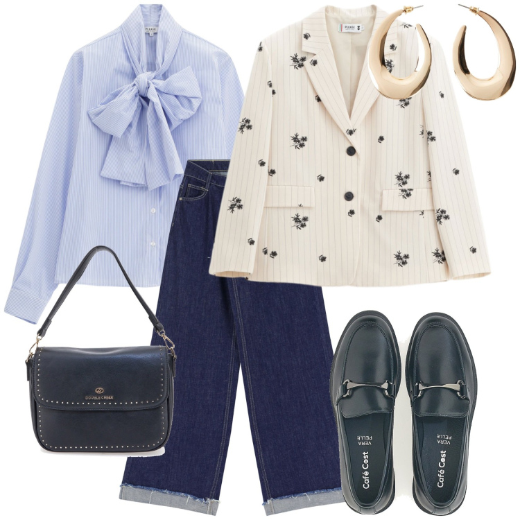 Outfit donna - Magnifico settembre. per Ufficio. Abbinamento con orecchini, blazer, camicie, jeans, borse a tracolla, mocassini.
