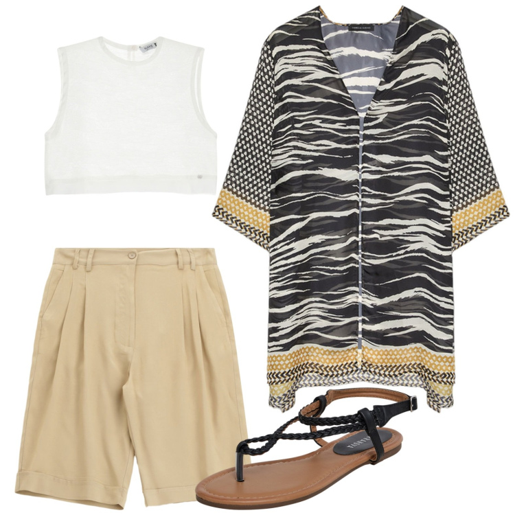 Outfit donna - Kaftano in città. Stile Minimal per Tutti i giorni. look ideale per Premaman. Abbinamento con ciabatte, top, bermuda, caftani.