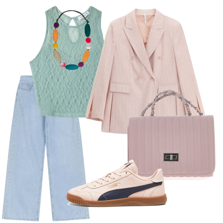 Outfit donna - Si ricomincia. per Scuola/Università. Abbinamento con top, jeans, blazer, sneakers, collane, borse a tracolla.