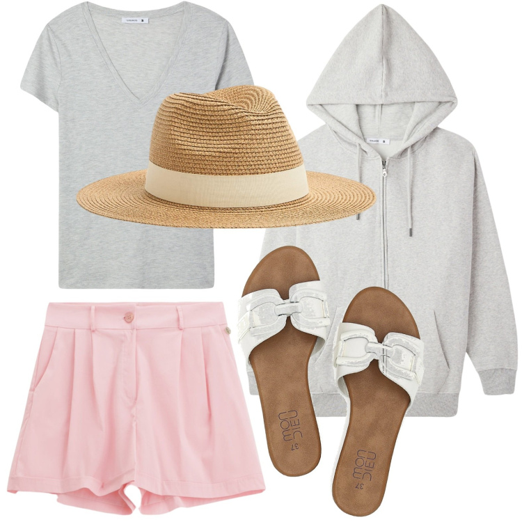 Outfit donna - Il cappello giusto. Stile Basic per Mare. Abbinamento con cappelli, t-shirt, felpe con cappuccio, shorts, ciabatte.