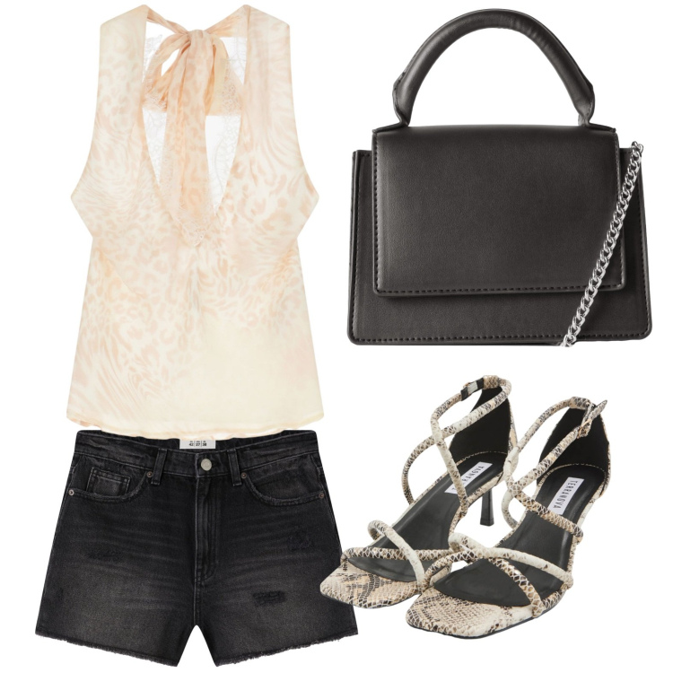 Outfit donna - Nude look. Stile Glamour per Tutti i giorni. Abbinamento con sandali col tacco, shorts, borse a tracolla, top.