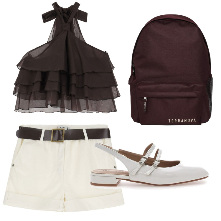 Outfit donna - Cioccolato da indossare. Stile Minimal per Tutti i giorni. Abbinamento con zaini, shorts, top, ballerine.