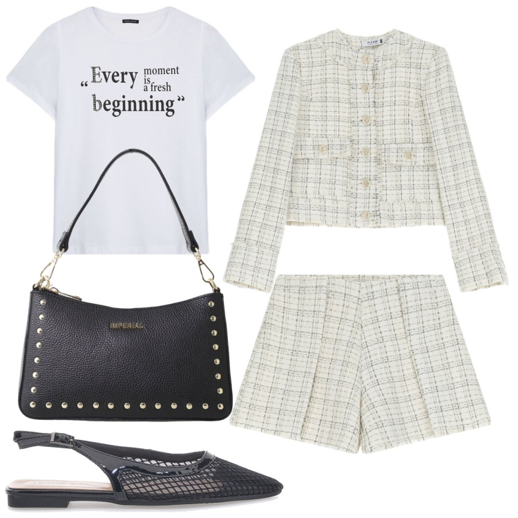 Outfit donna - Bon ton. Stile Glamour per Serata fuori. Abbinamento con shorts, blazer, borse a spalla, t-shirt, ballerine.