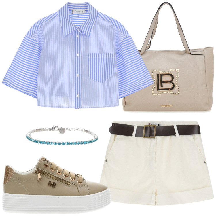 Outfit donna - Total look #2229831. Stile Minimal per Tutti i giorni. Abbinamento con camicie, shorts, braccialetti, borse a spalla, sneakers.