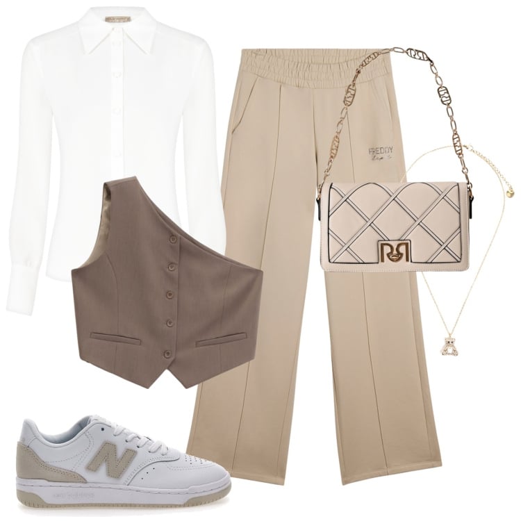 Outfit donna - Business as unusual. Stile Bon Ton per Ufficio. Abbinamento con borse a tracolla, camicie, gilet, pantaloni, ciondoli, sneakers.