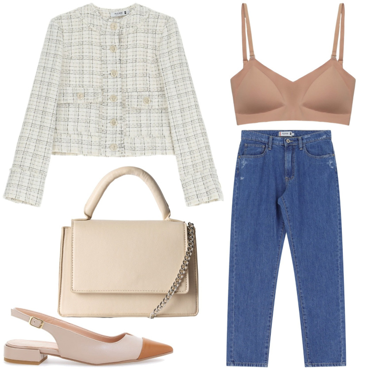 Outfit donna - Stile francese. Stile Chic per Tutti i giorni. Abbinamento con borse a tracolla, reggiseni, blazer, jeans dritti, ballerine.