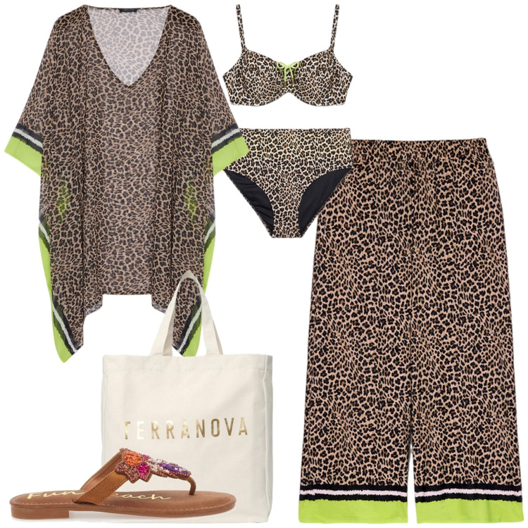 Outfit donna - Al mare. Stile Chic per Mare. Abbinamento con borse tote, bikini, pantaloni, infradito, caftani.