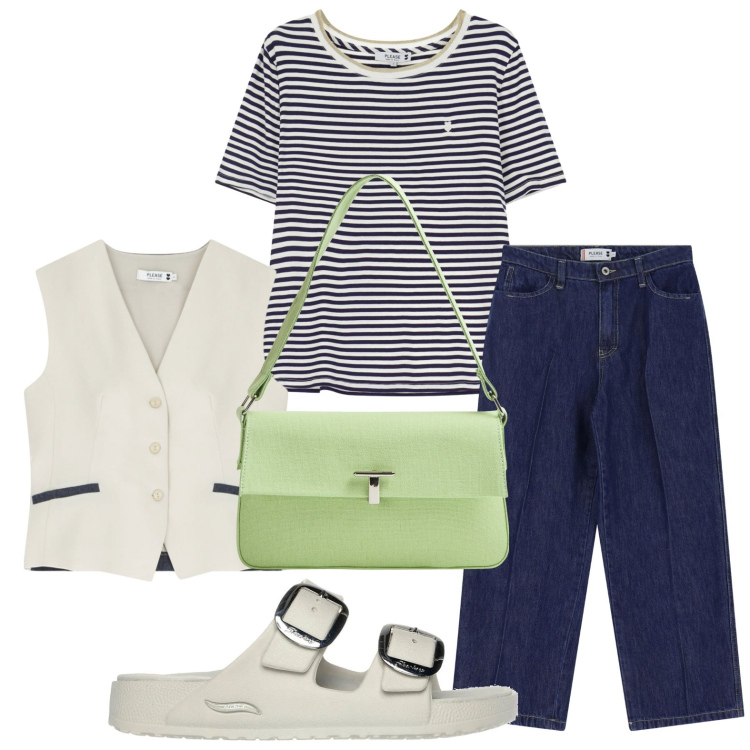 Outfit donna - Gilet passpartout. Stile Casual chic per Tutti i giorni. Abbinamento con borse a spalla, t-shirt, gilet, jeans, ciabatte.