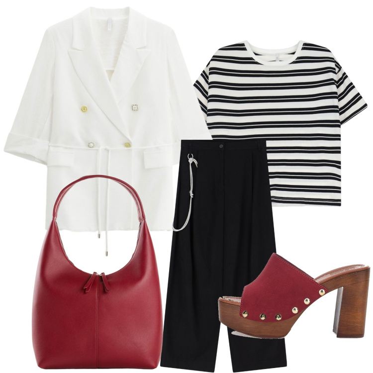 Outfit donna - La magia delle righe. Stile Boho per Ufficio. Abbinamento con shopping bag, t-shirt, blazer, pantaloni, zoccoli.