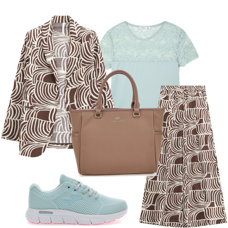 Outfit donna - Linee geometriche. Stile Casual chic per Ufficio. Abbinamento con t-shirt, pantaloni, blazer, borse a tracolla, sneakers.