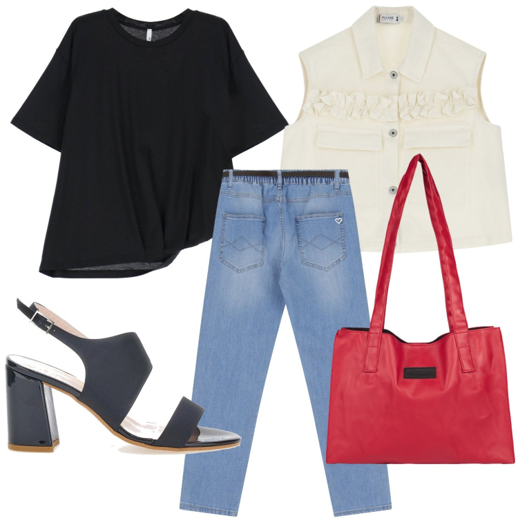 Outfit donna - La t-shirt essenziale. Stile Minimal per Ufficio. Abbinamento con jeans skinny, gilet, t-shirt, shopping bag, sandali col tacco.