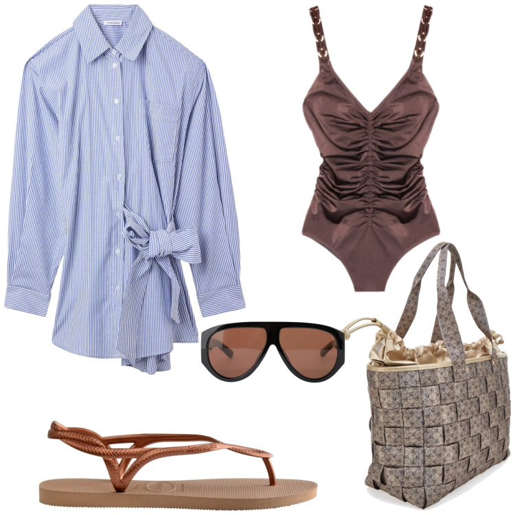 Outfit donna - Al mare. Stile Casual chic per Mare. Abbinamento con vestiti chemisier, occhiali da sole, costumi interi, infradito, borse a spalla.