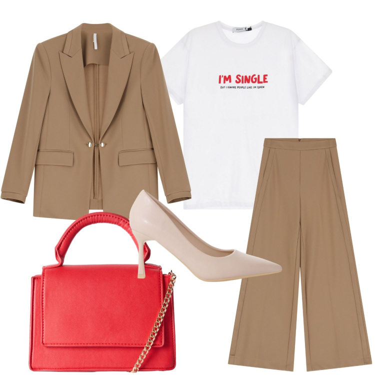 Outfit donna - Casual chic. Stile Casual chic per Ufficio. Abbinamento con borse a tracolla, t-shirt, pantaloni a palazzo, décolleté, blazer.