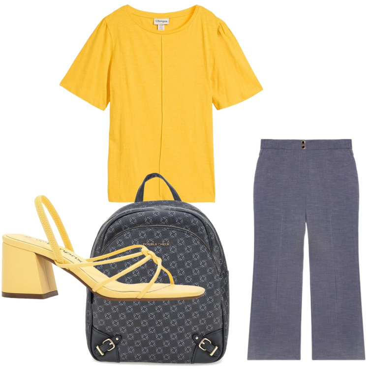 Outfit donna - Pantaloni wide leg. Stile Casual per Ufficio. Abbinamento con t-shirt, sandali col tacco, pantaloni, zaini.
