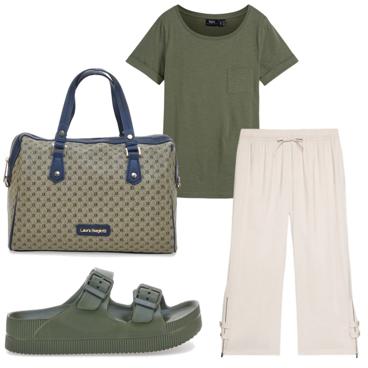 Outfit donna - Il bauletto multitasking. Stile Military per Ufficio. Abbinamento con t-shirt, pantaloni, ciabatte, borse a spalla.