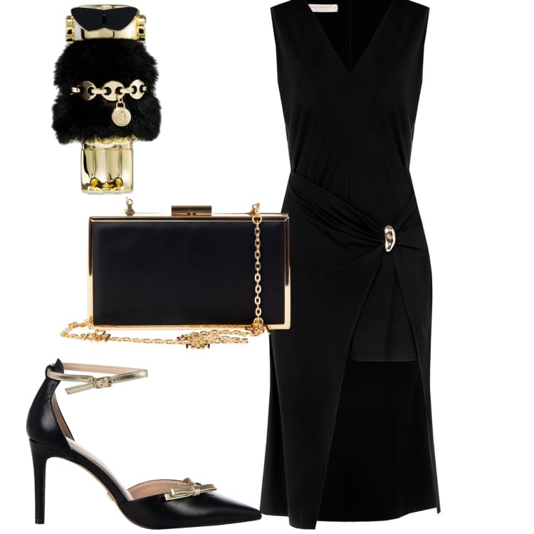 Outfit donna - Serata evento. Stile Chic per Serata fuori. Abbinamento con profumi, décolleté, pochette, vestiti a tubino.
