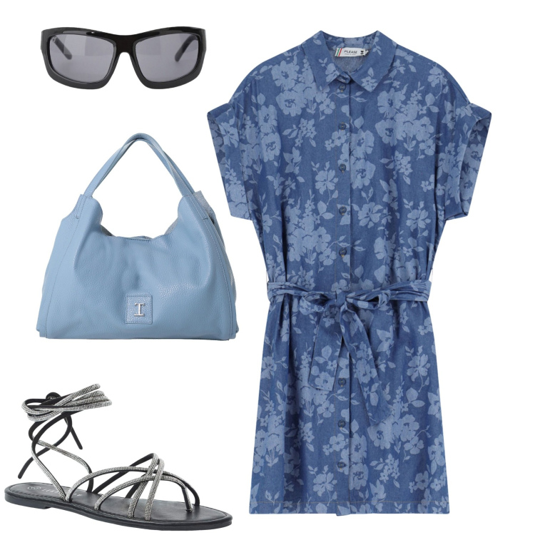 Outfit donna - Agosto. Stile Casual chic per Tutti i giorni. Abbinamento con sandali alla schiava, vestiti corti, occhiali da sole, pochette.