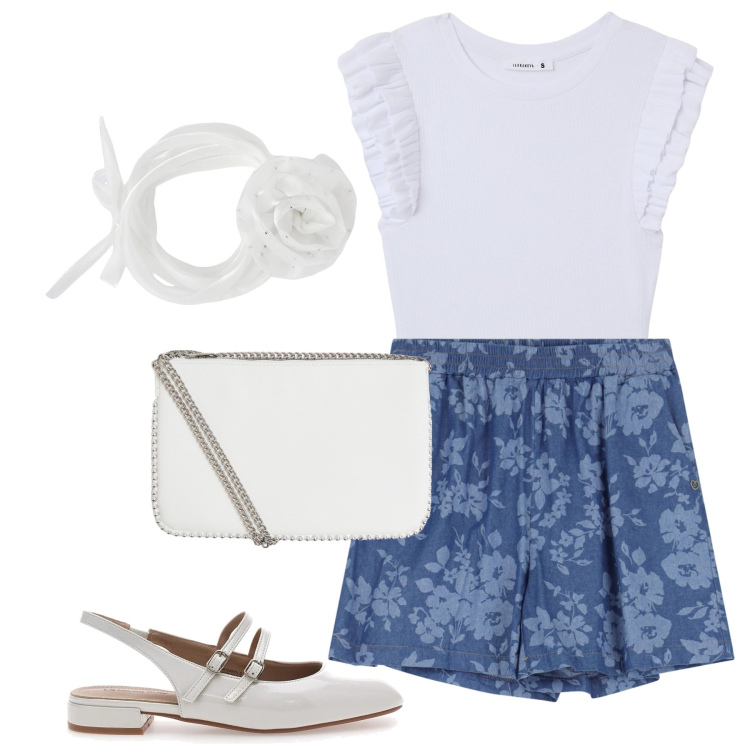 Outfit donna - Caffè con le amiche. Stile Casual chic per Tutti i giorni. Abbinamento con collane, t-shirt, borse a tracolla, gonne, ballerine.