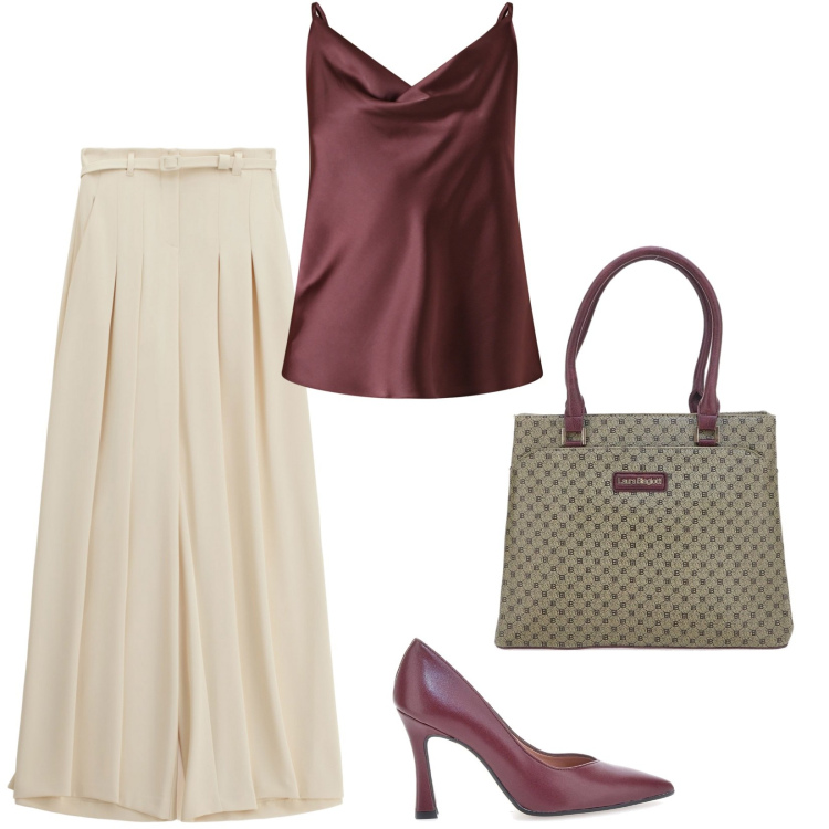 Outfit donna - Eleganze bordeaux. Stile Casual chic per Ufficio. Abbinamento con canottiere, pantaloni a palazzo, décolleté, borse a spalla.