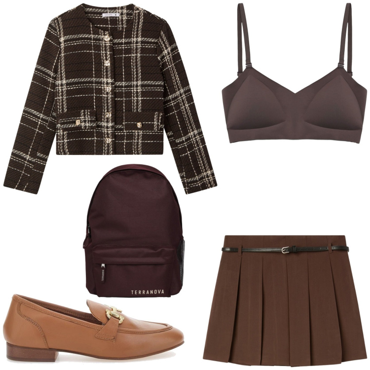 Outfit donna - Preppy girl. Stile Preppy per Scuola/Università. Abbinamento con zaini, minigonne, reggiseni, blazer, mocassini.