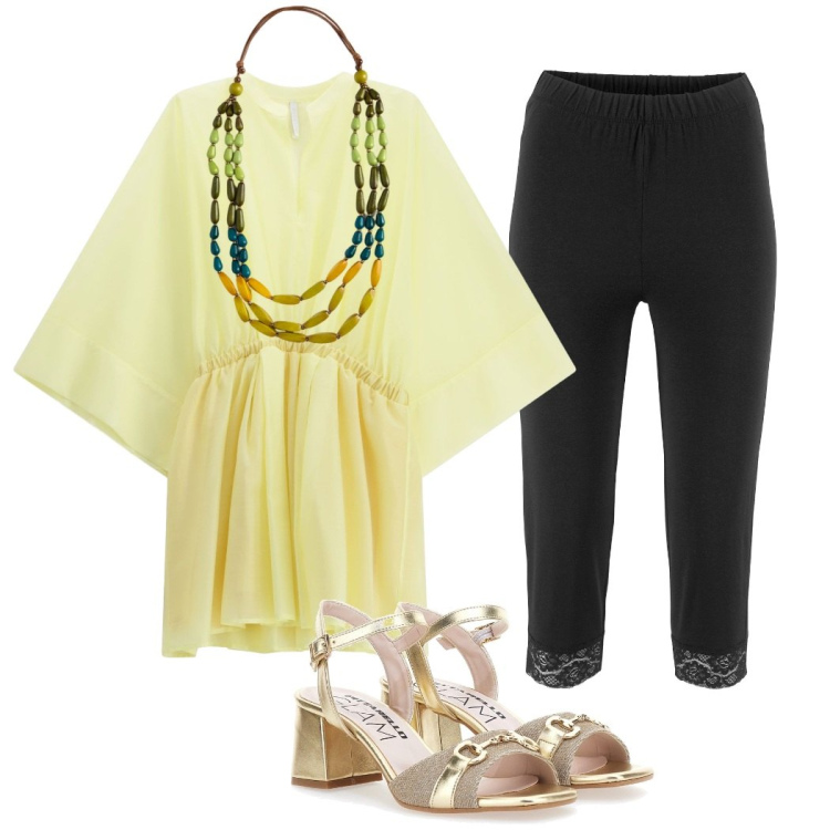 Outfit donna - Miniabito e leggings. Stile Chic per Serata fuori. Abbinamento con leggings, vestiti corti, collane, sandali col tacco.